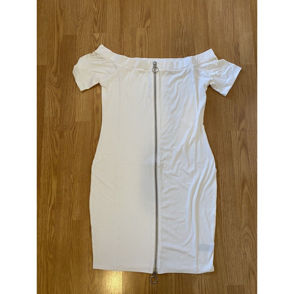 NWT Soncy White Off Shoulder Ribbed Double Zipper Body Con Dress Plus Si…